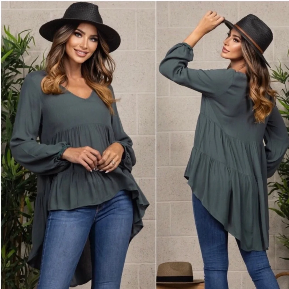 USA made dusty teal green women’s hi low tunic fall lightweight cute top - Picture 1 of 4